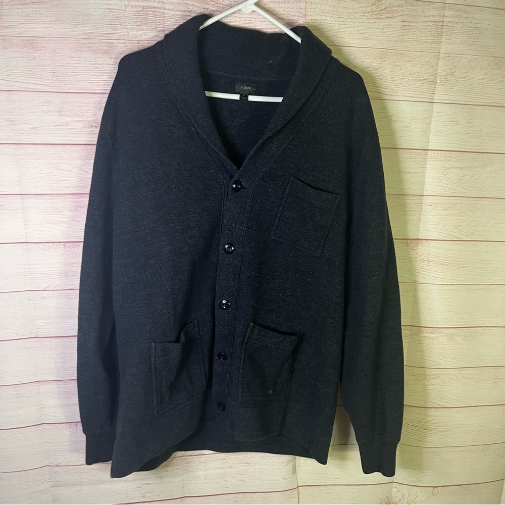 J.Crew Navy Blue Wool Cotton Blend‎ Shawl Collar Patch Pockets Cardigan Large